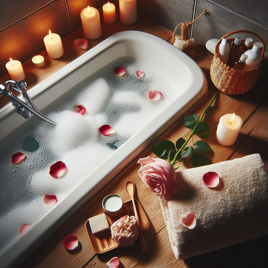 Ornamajo towels enhancing a serene bathroom scene with a tub, candles, and roses, perfect for a spa day at home. Ultimate relaxation. Create a spa atmosphere at home.  A relaxing spa-like experience.